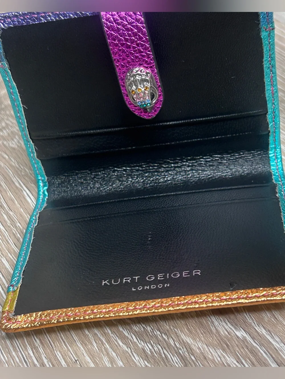 Kurt Geiger Metallic Rainbow Leather Pouch & Wallet Set - Teal, Purple, Gold